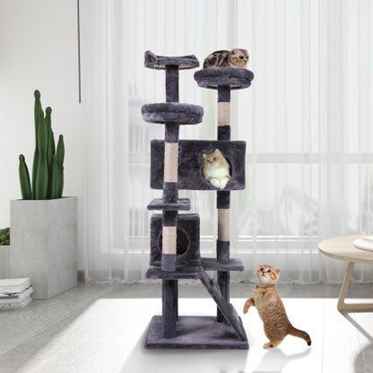 Luxury Cat Tree Tower: Gray Cat Apartment with Plush Mat, Ladder, and Catching Ball