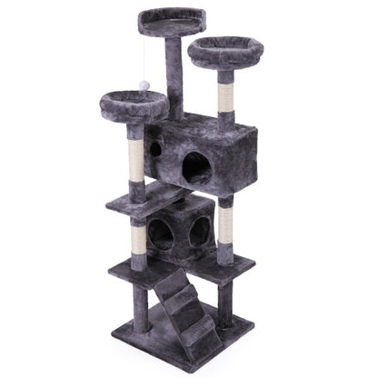 Luxury Cat Tree Tower: Gray Cat Apartment with Plush Mat, Ladder, and Catching Ball