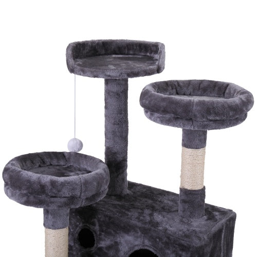 Luxury Cat Tree Tower: Gray Cat Apartment with Plush Mat, Ladder, and Catching Ball