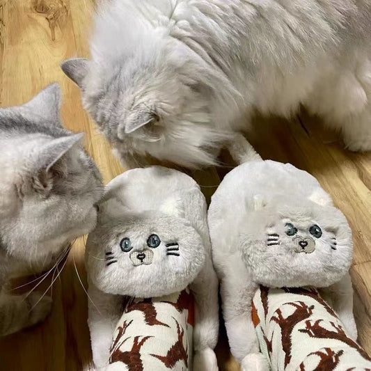 Cute Cat Hug Plush Cotton Slippers