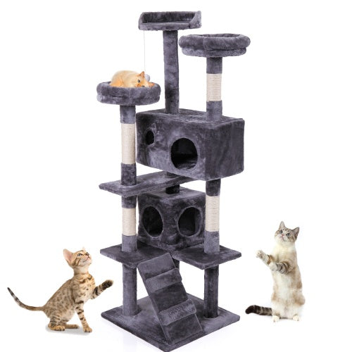 Luxury Cat Tree Tower: Gray Cat Apartment with Plush Mat, Ladder, and Catching Ball