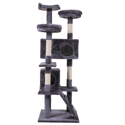 Luxury Cat Tree Tower: Gray Cat Apartment with Plush Mat, Ladder, and Catching Ball