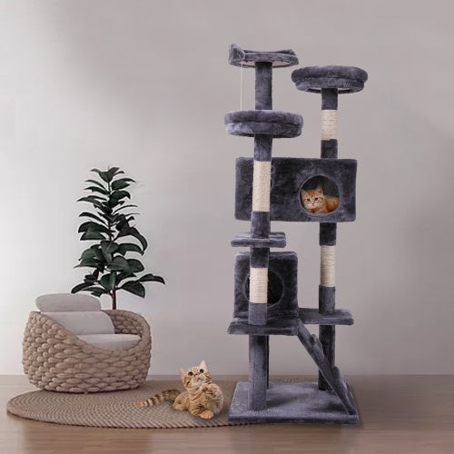 Luxury Cat Tree Tower: Gray Cat Apartment with Plush Mat, Ladder, and Catching Ball